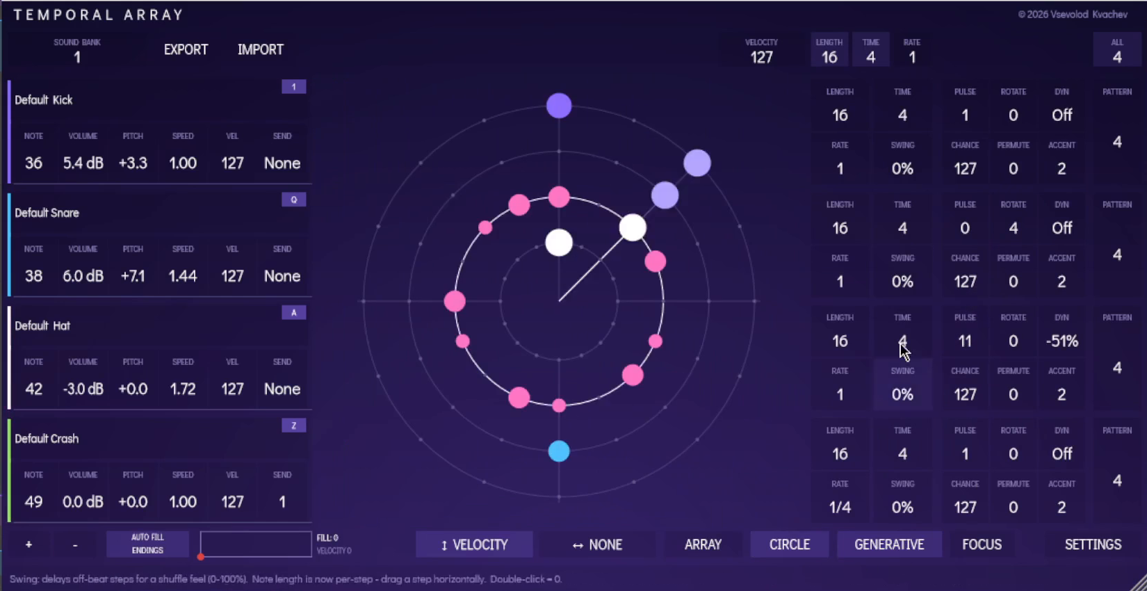 TEMPORAL ARRAY Circle window showing four concentric rhythm tracks