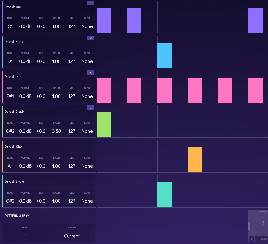 Six sample slots with note, volume, pitch and speed, above the Pattern Array lane.
