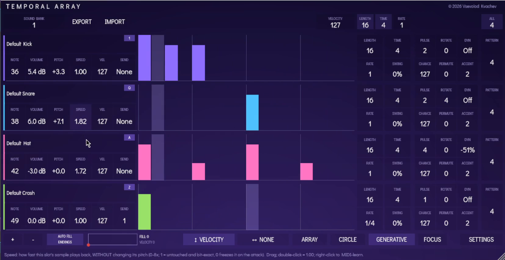 TEMPORAL ARRAY step-grid window with kick, snare, hat, and crash tracks